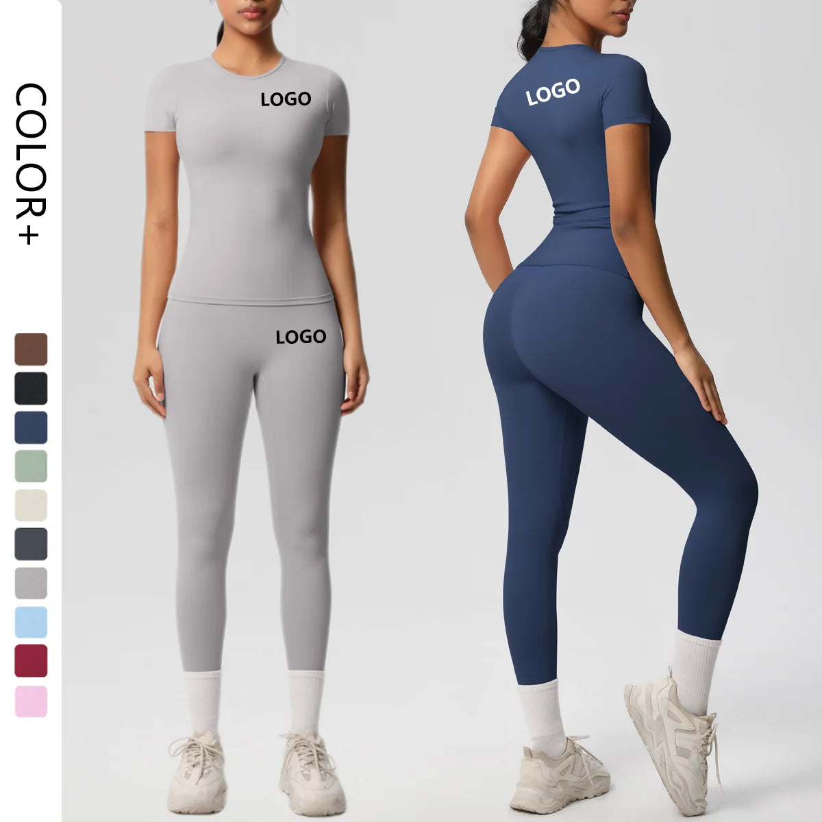 2025 Custom Yoga Gym Legging Set for Women Breathable 2-Piece Activewear Fitness Top Leggings Logo Front Short Sleeves Solid