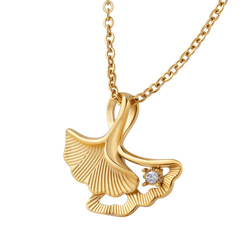 INS Simple Stainless Steel 18K Gold Plated Zircon Ginkgo Biloba Pendant Necklace Titanium Steel IP Geometric Leaf Necklace