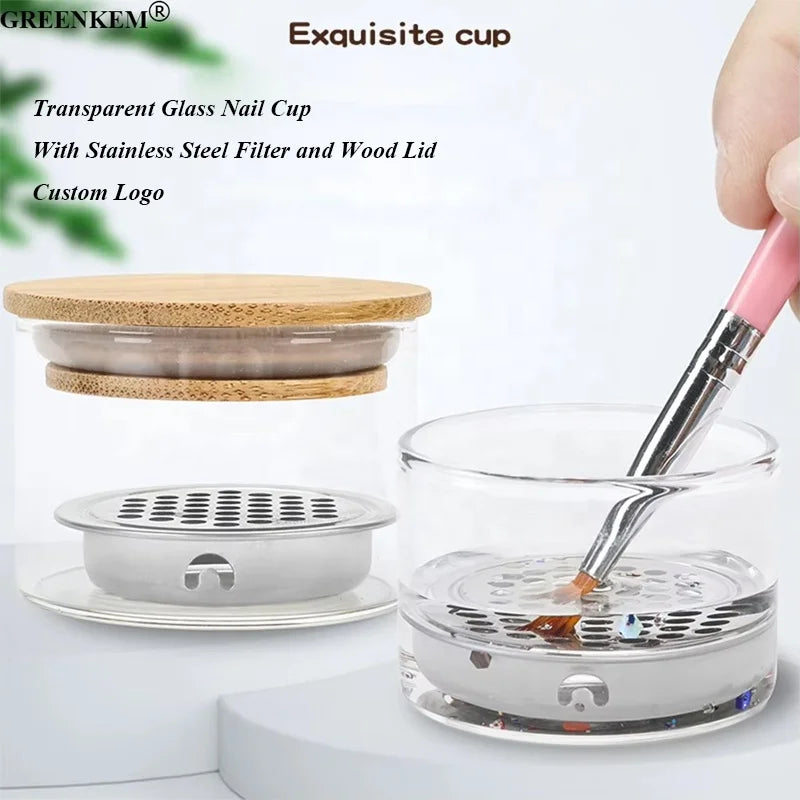 Nail Art Transparent Glass Dappen Dish Liquid Powder Container Nail Cup With Stainless Steel Filter Brushing Nail Brush Cup