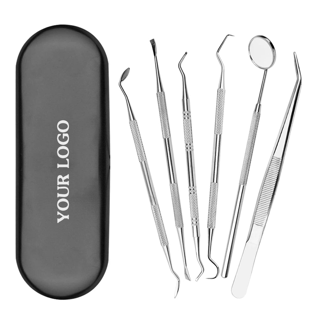 6Pcs Stainless Steel Dental Hygiene Kit Plaque Remover Tooth Scraper Calculus Scaler Mouth Mirror Tweezer with Protective Case