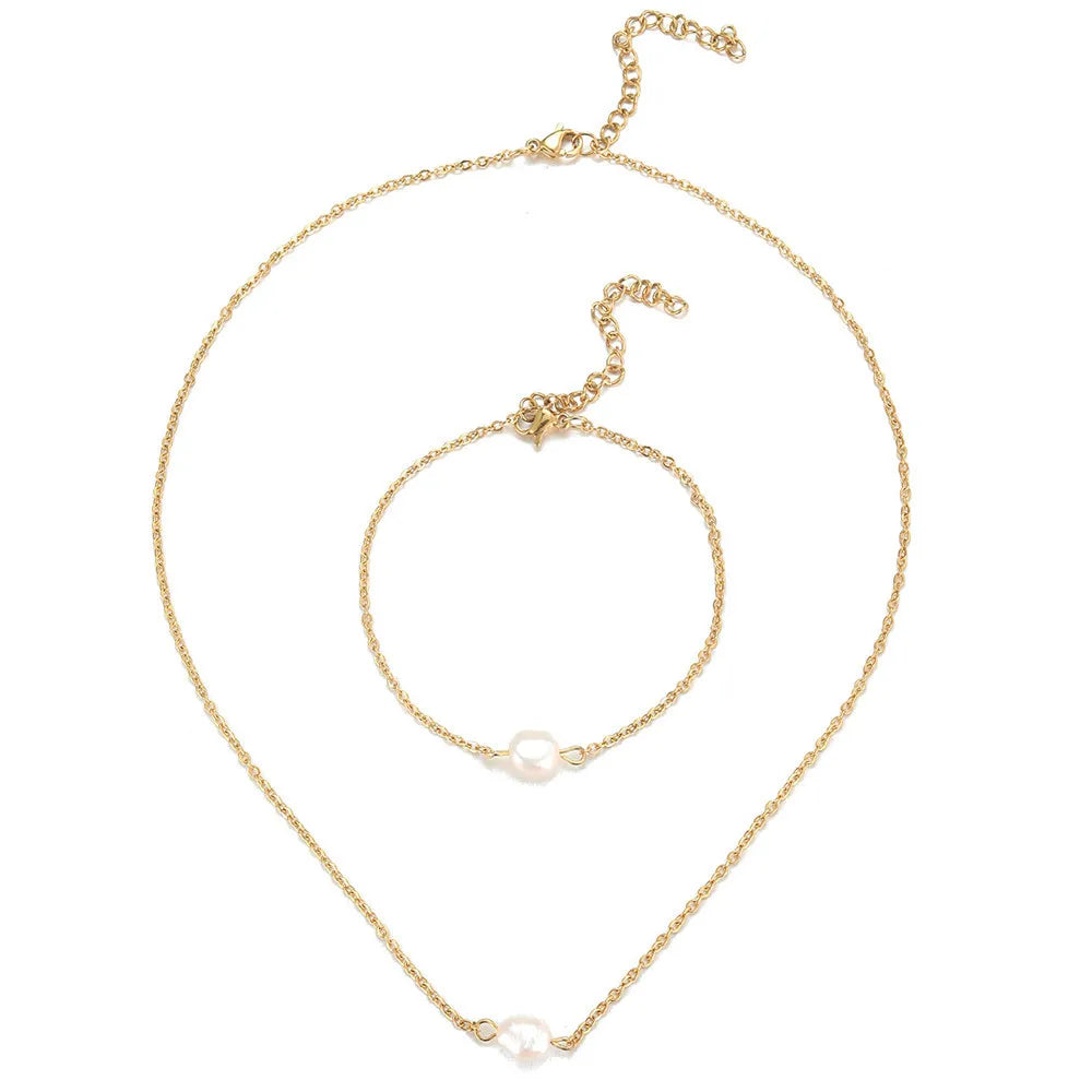 Original Luxury Women's Handmade Bridal Set Imitation Pearl Necklace & Bracelet Stainless Steel 18K Gold Plated for Weddings
