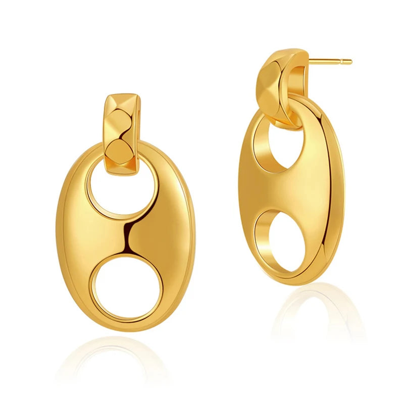 Minimalist 18K Gold Plated Oval Drop Earrings for Women Hollow Double Hole Dangle Earrings Trendy Jewelry for Daily Wear