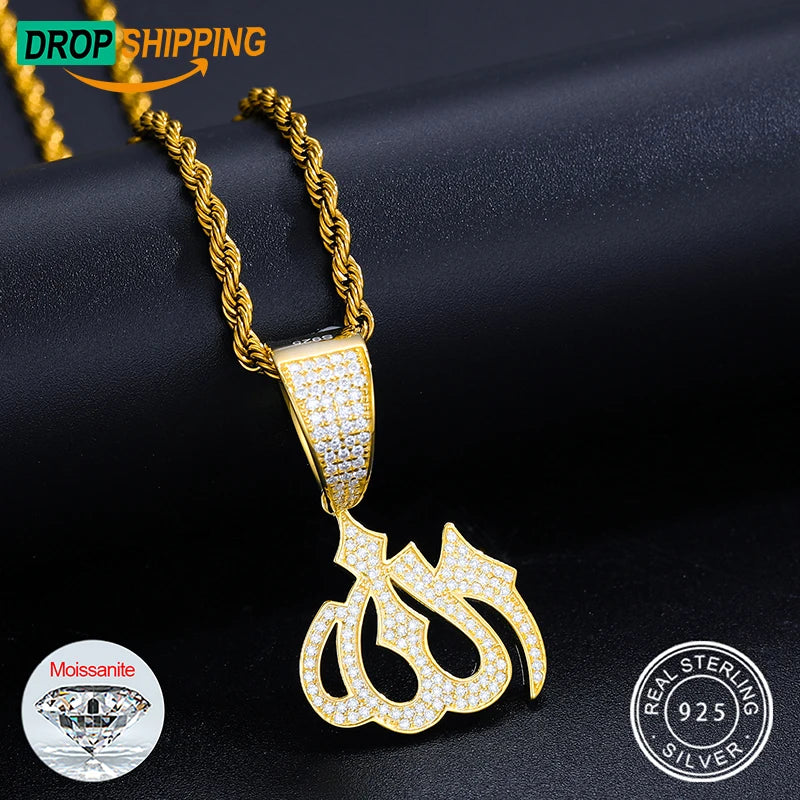 Dropshipping Bling Hip Hop Jewelry 18K Gold Plated 925 Sterling Silver VVS Moissanite Diamond Iced Out Allah Pendant