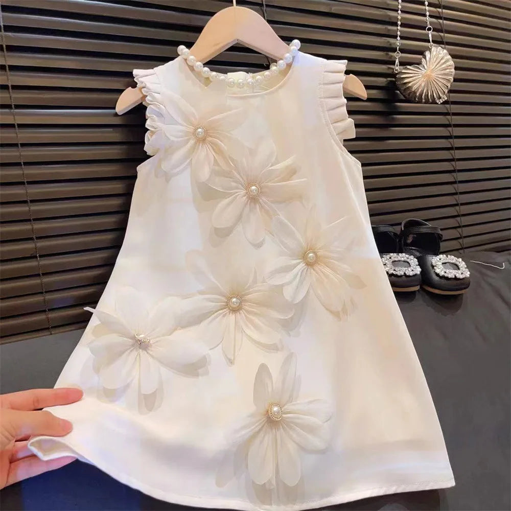 2025 Summer Kids Clothing Fashion New 3D Flower Pleated Flying Sleeve Dress Girl Beautiful Dresses