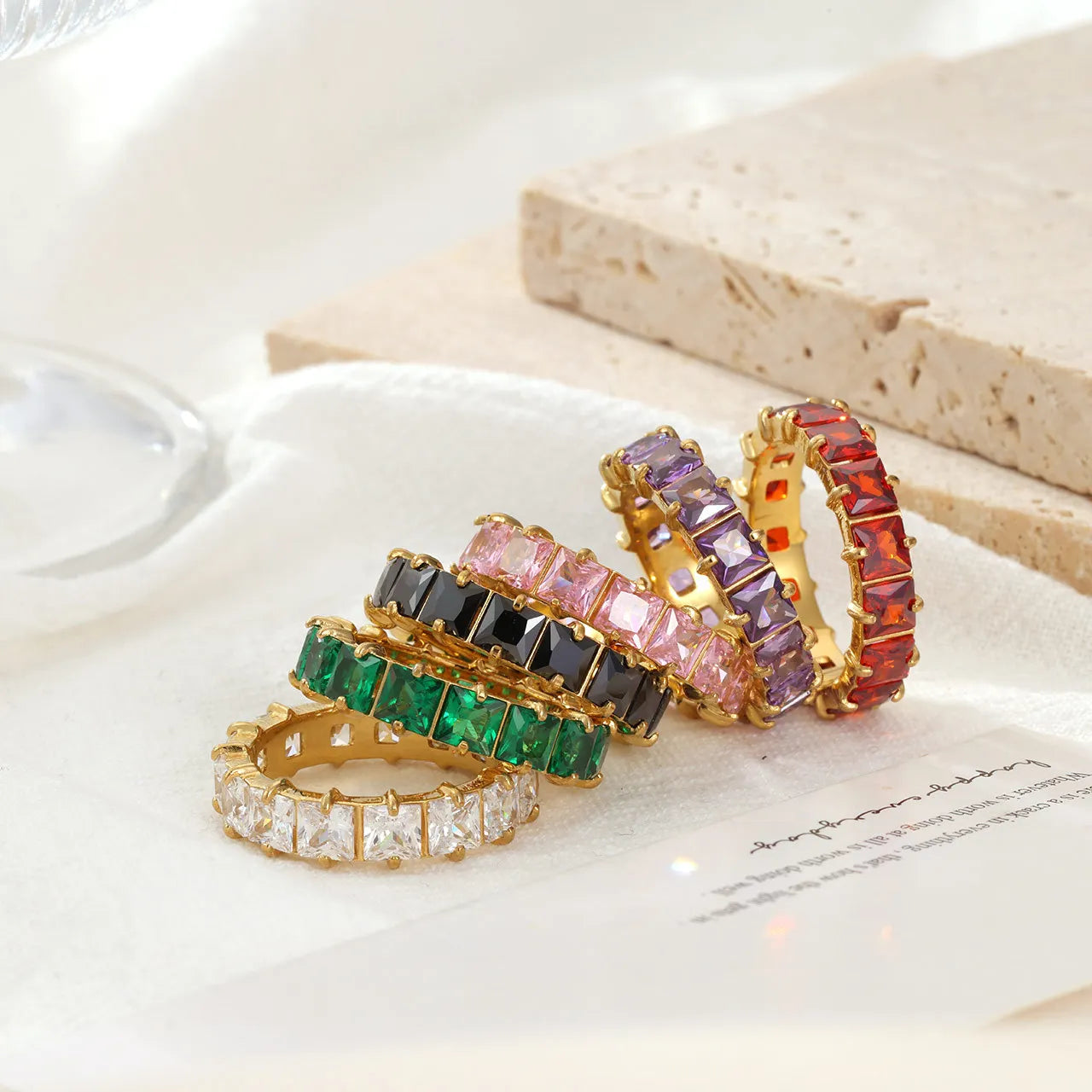 Baguette Luxury Iced Out Zircon Tennis Ring 18K Gold Plated Women Bling Stainless Steel Wedding Rings Cubic Zirconia Jewelry