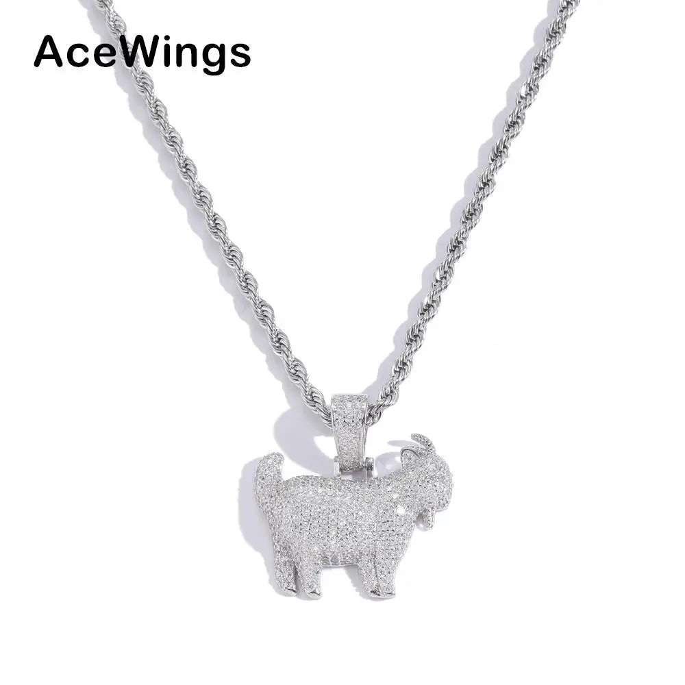 SP009 925 Sterling Silver Goat Shape Pendant with CZ Stone Rope Chain Necklace for Men and Women Engagement Party