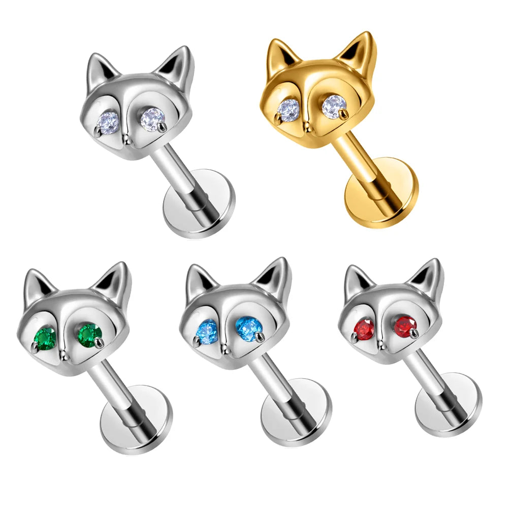 G23 ASTM F136 Titanium Cat Face Shape Ear Stud Inlay Zircon 16G Clicker Shiny Punk Style Ear Tragus Conch Body Piercing Jewelry