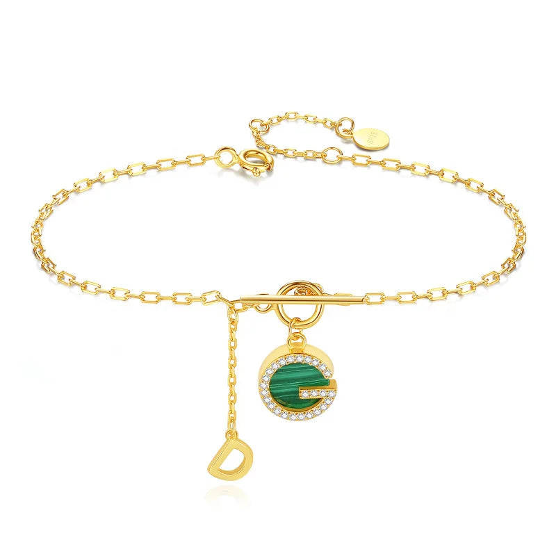 Pulseras De Plata 925 Elegant Luxury S925 Bracelet New Design Sterling Silver Natural Malachite Letter Charm Bracelet