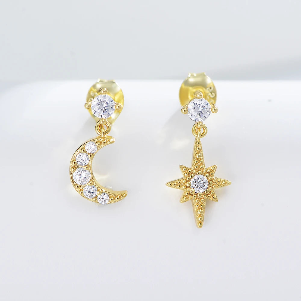 Ins Fashion Gold Plated Zircon Earring Jewelry 925 Sterling Silver Asymmetrical Eight-Pointed Star Moon Stud Earrings for Women