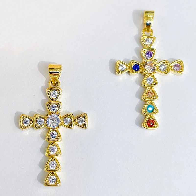 Factory Diy Punk Jewelry Copper Gold Plated Accessories Exquisite Colorful Zirconia Cross Necklace Pendant for Jewelry Making