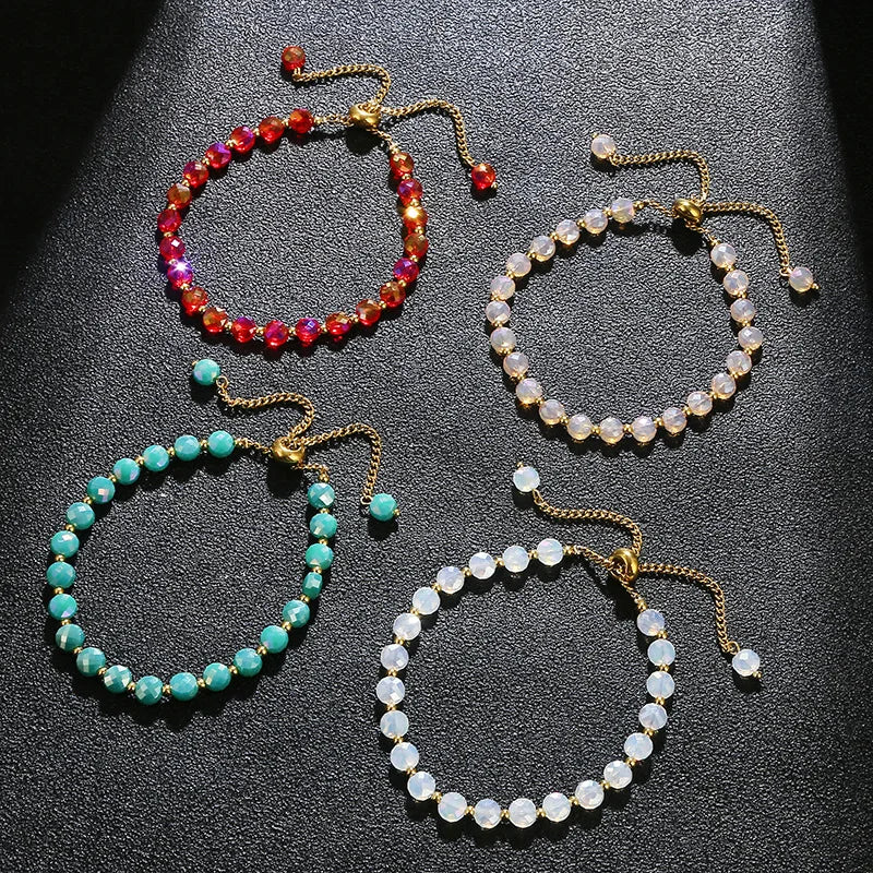DAIHE Fashion Jewelry AB Shiny Bead Bracelet Adjustable Stretching Stainless Steel Chain Beaded Bracelets Non Tarnish