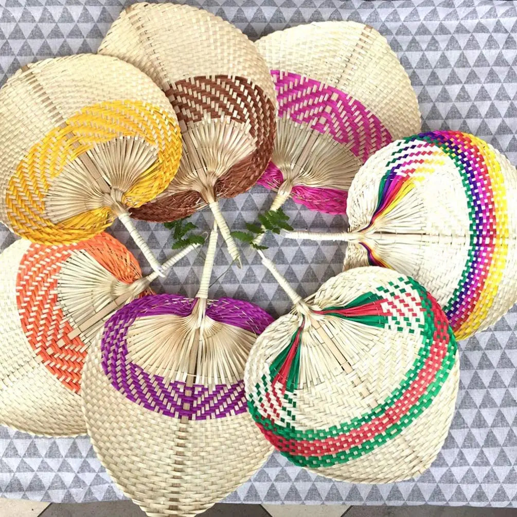 Natural Multi Color Painted Hand Fans Palm Leaf Eco-Friendly Hand-woven Bamboo Straw Home Decoration