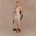 Factory Direct Sale Stylish Women's Satin Strap Dress with Sequins Deep V-Neck Empire Waistline Short Formal for Party Prom