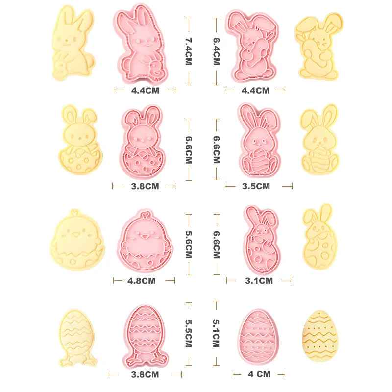 Saffron Easter Bunny Chick Cookie Cutter Set 8pcs Box Plastic Rabbit Embosser Stamps Mould for Biscuits and Cookies