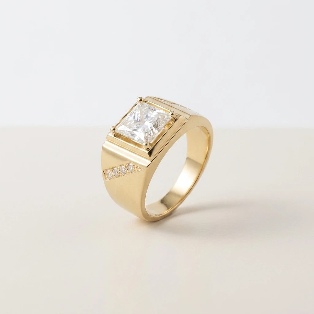 HQ Gems IIG 18K Yellow Gold Men Rings 2 Carats D VS1 Princess Cut Lab Diamond Engagement Ring