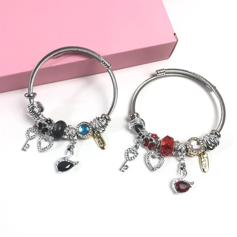 Black Swan Pendant Charm for Women Trendy Stainless Steel Bracelets Bangle for Wedding or Party Gift Promotion Sales
