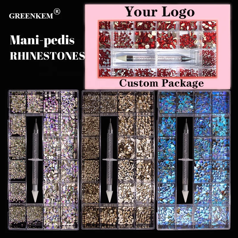 GREENKEM Hot Crystal AB Nail Art Rhinestones Mix Shape Fancy Shaped in Box Flat Bottom Glass Nail Diamond Rhinestone
