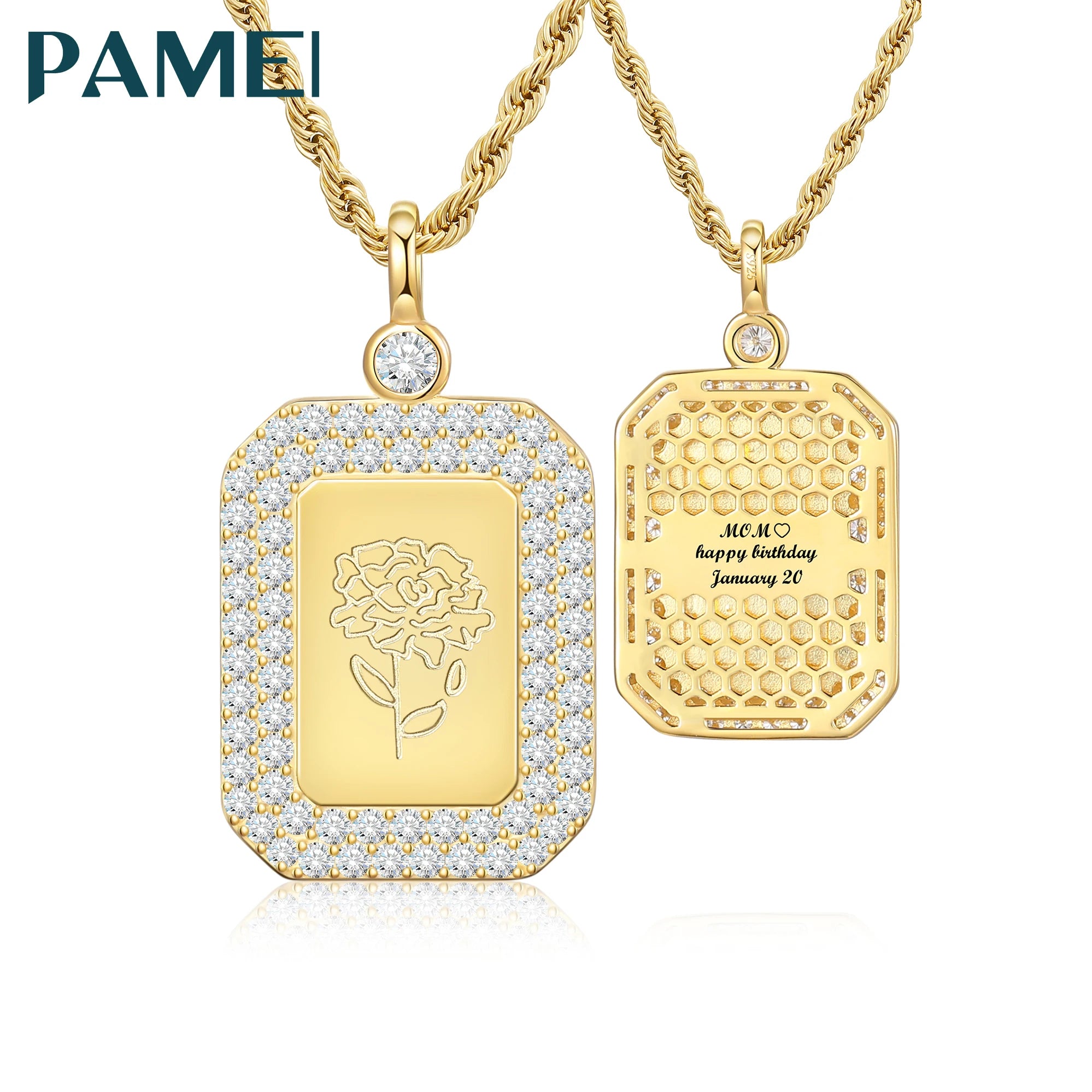 Anniversary Personalized Jewelry Free Engrage Name Date 925 Sterling Silver VVS Moissanite Diamond Birthday Flower Tag Pendant