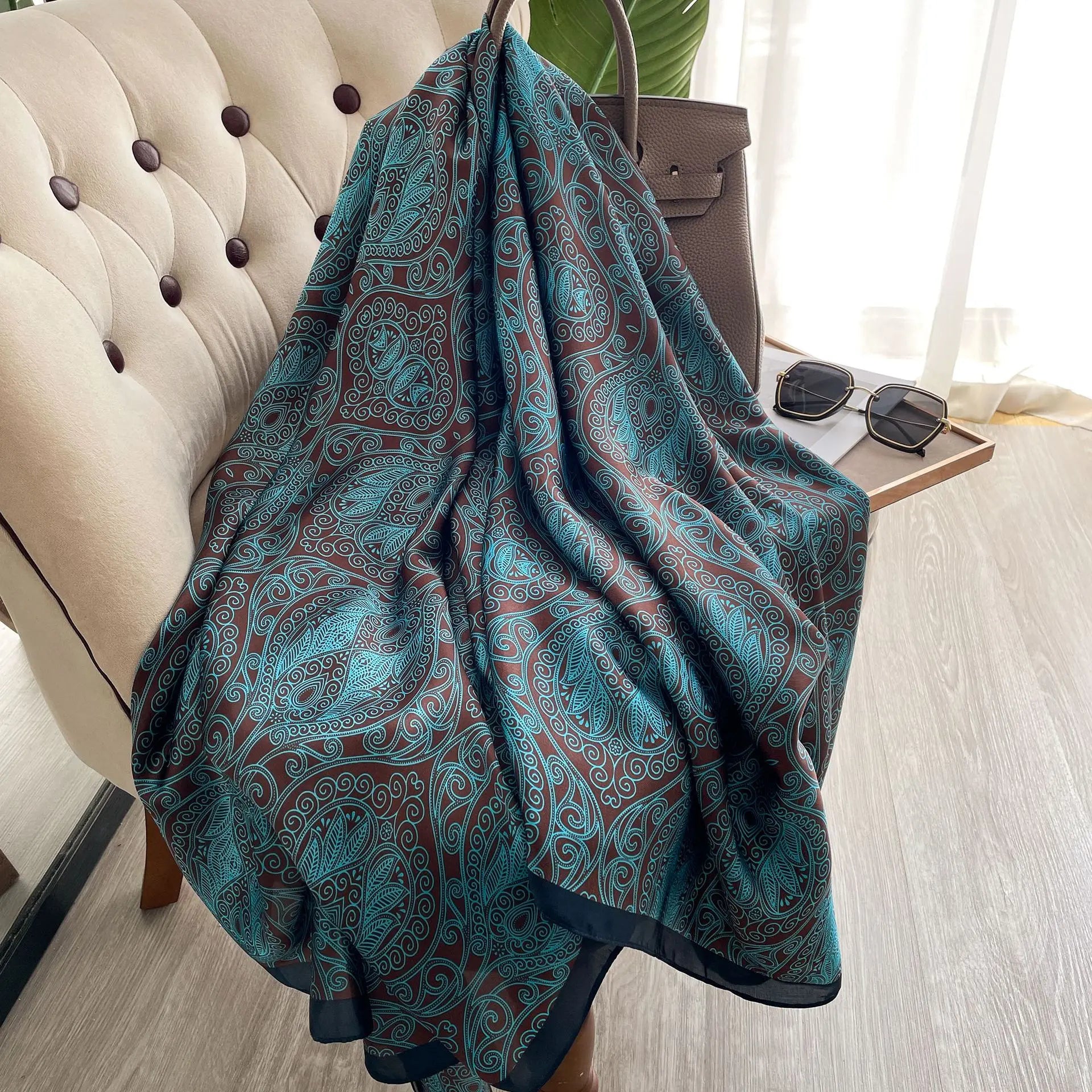 Wholesale Newest Design Fashion Dark Green Flower Pattern Silk Printed Shawls Muslim Women Luxury Ladies Satin Silk Head Hijabs