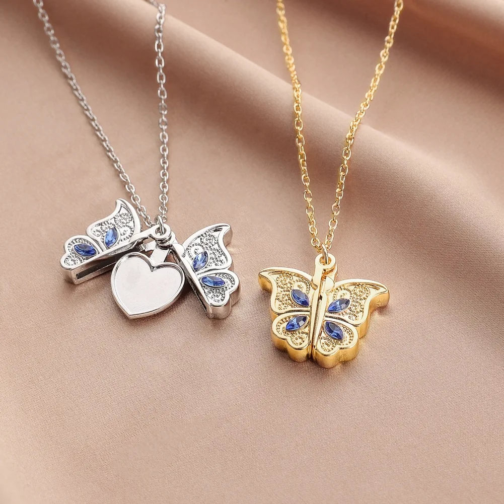 Creative Design Metal Diamond Butterfly Love Openable Photo Box Pendant Necklace Simple Clavicle Chain Necklace