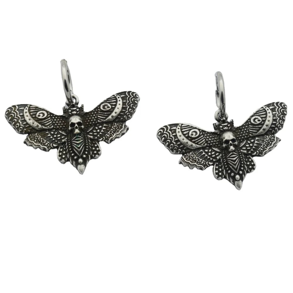 Silver Death Head Earrings  Goth Insect Earrings Esoteric Moth Jewelry