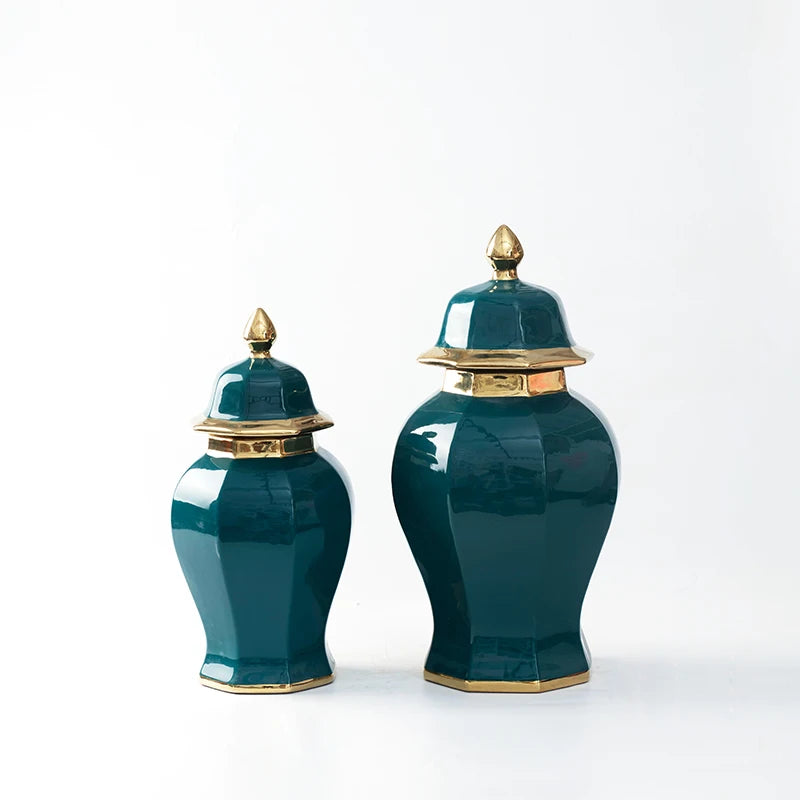 China Contemporary Art Deco Luxury Vase Gold Rim Dark Green Porcelain Temple Jar Tabletop Vase with Eight Edges