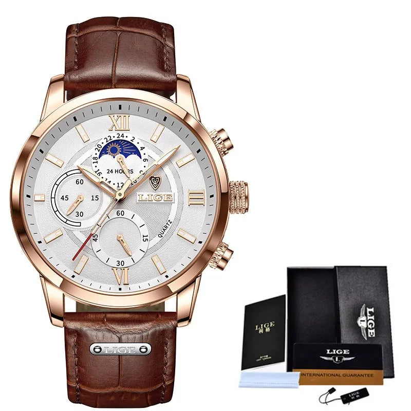 LIGE LG8932 Big Dial Women Watch Sport Leather Waterproof Quartz Watch Men Fashion 24 Hour Moon Phase Wristwatch for Women