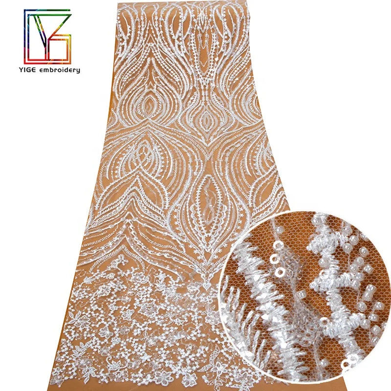Factory Supplier Hot Sale Wholesale Luxury White Beaded Lace Embroidery Sequins Wedding Tulle Fabric for Bridals