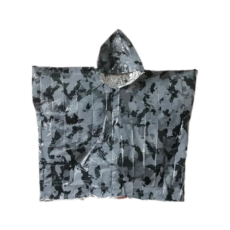 Windproof Waterproof Camouflage Polyester Film Poncho Survival Warming Rain Poncho for Outdoor Hiking