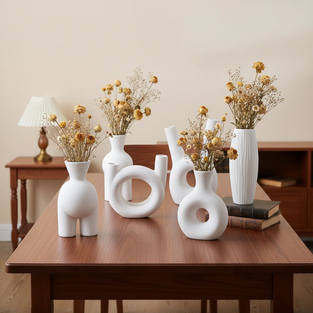 Handmade Frosted Modern Bisque Minimalist Ceramic Tabletop Flower Vase Simple Geometric Design Eco-Friendly Home Wedding Decor
