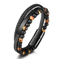 New Arrival Stainless Steel Clasp Genuine Leather Bracelet Tiger Eye Beaded Multi Layer Agate Stone Leather Bracelet Men's