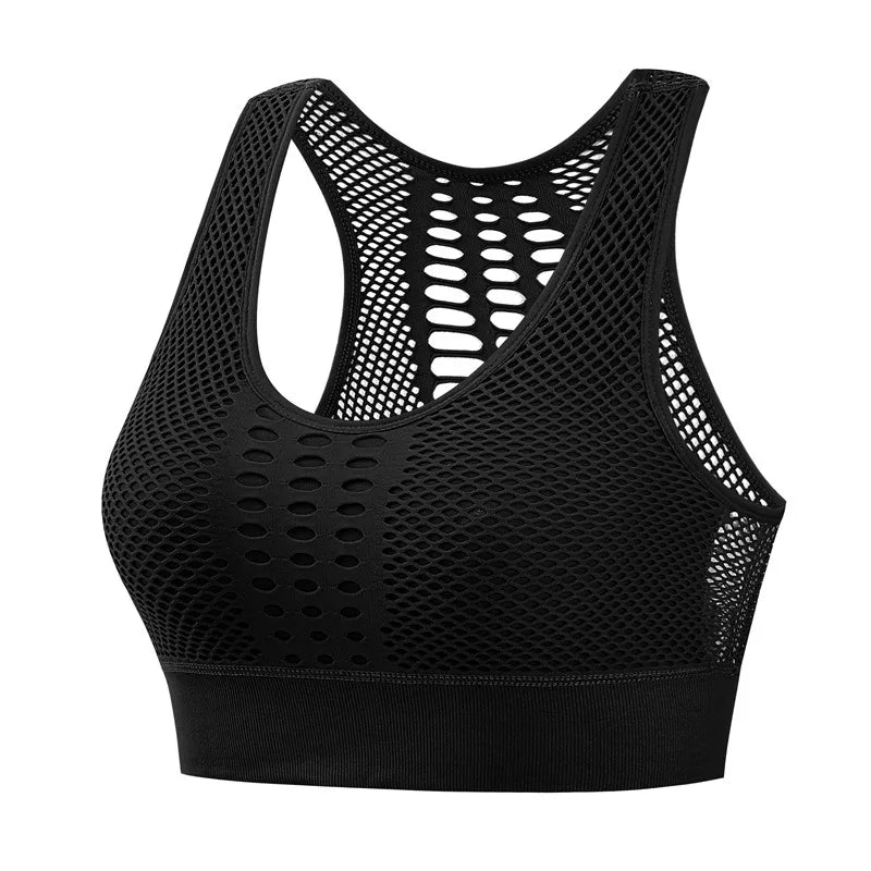 Wholesale Custom Logo Lightweight Breathable Mesh Hollowed Printed Yoga Bra Top Fitness Sports Wear Women Plus Size Four-Way