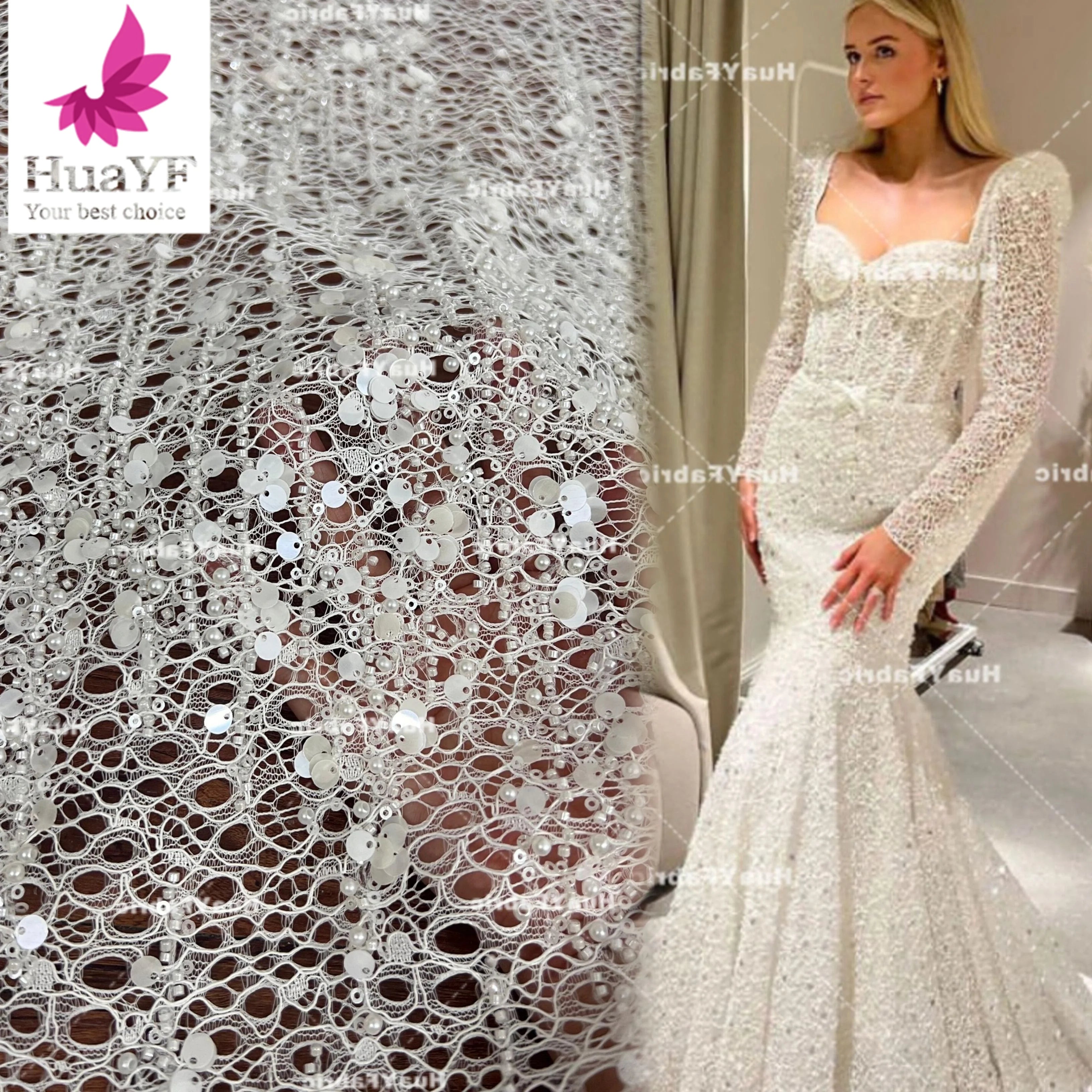 HY2823 African White Guipure Beaded Pearls Lace With Sequins 3d Chantilly French Wedding Bridal Dress Fabric