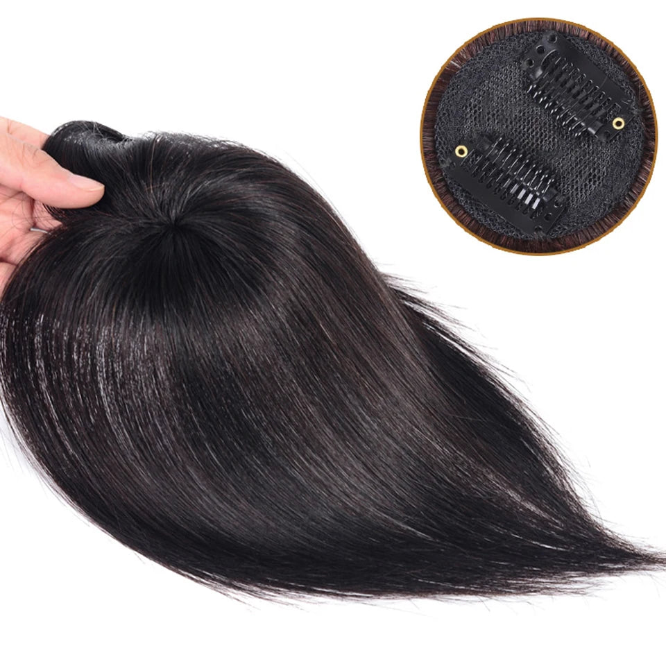 Women Toupee with Bangs Straight Human Hair Hand-made Topper Hairpiece Natural Hair Clip