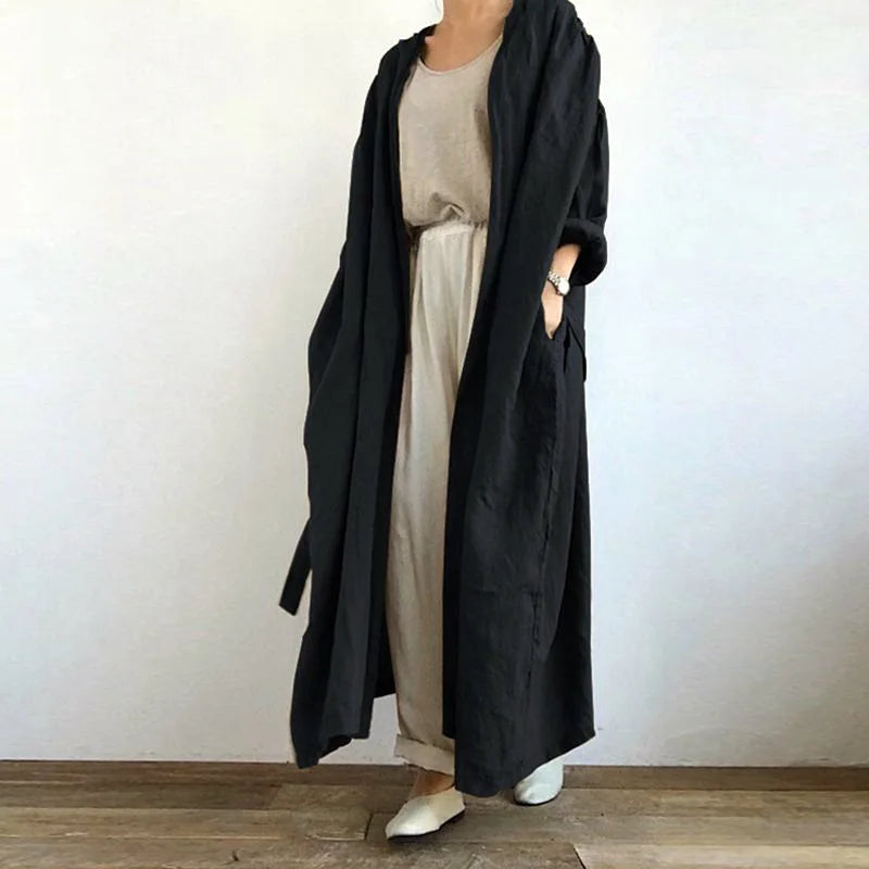 Autumn Solid Shirt Loose Tunic Top Lace up Blouse Fashion Women Long Sleeve Open Front Cotton Linen Coat Vintage Long Cardigan