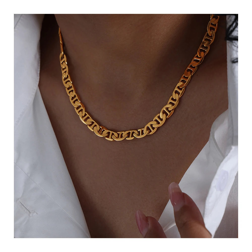 Punk Jewelry Waterproof Tarnish Free 18k Gold Planted Pig Nose Necklace Stainless Steel Chunky Chain Necklace for Women YF3583