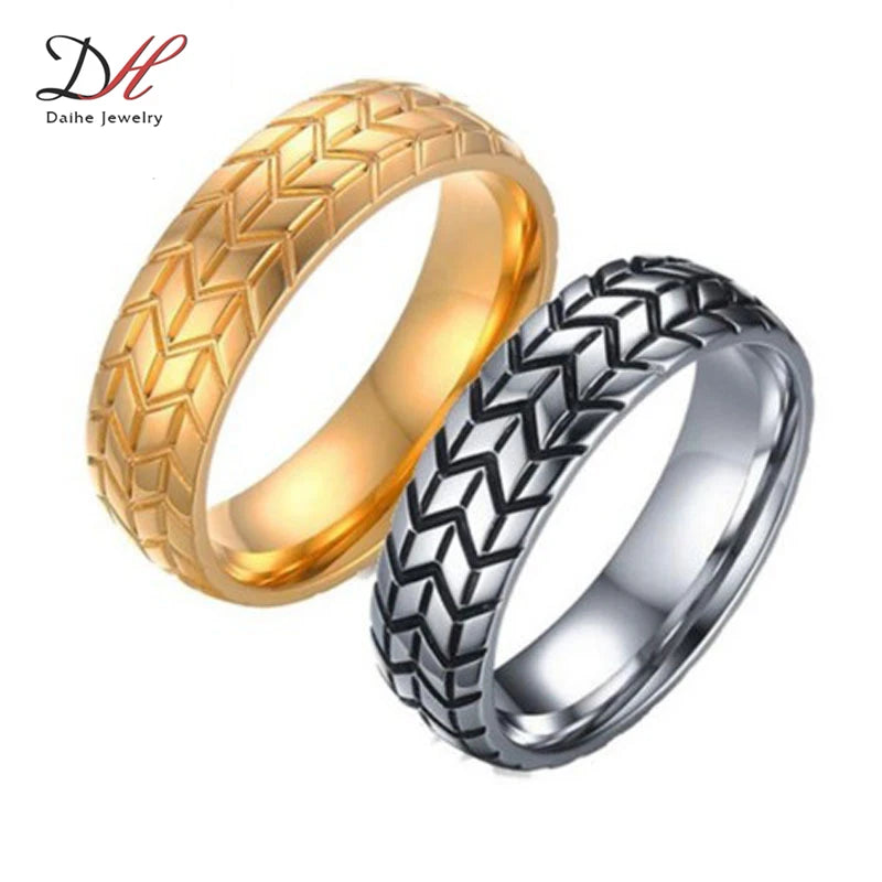 DAIHE Punk Gold Silver Stainless Steel Ring Cool Motorcycle Tire Rings for Men Geometric Striped Ring