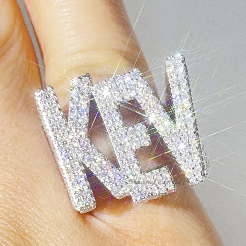 10K White Gold VVS Moissanite Diamond Name Letter Hip Hop Iced Out Ring