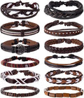 Trendy Boho Ethnic Tribal Woven Cuff Wrap Bracelet Set Handmade Adjustable Brown Braided Leather Wood Bead String Bracelets