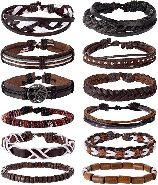 Trendy Boho Ethnic Tribal Woven Cuff Wrap Bracelet Set Handmade Adjustable Brown Braided Leather Wood Bead String Bracelets