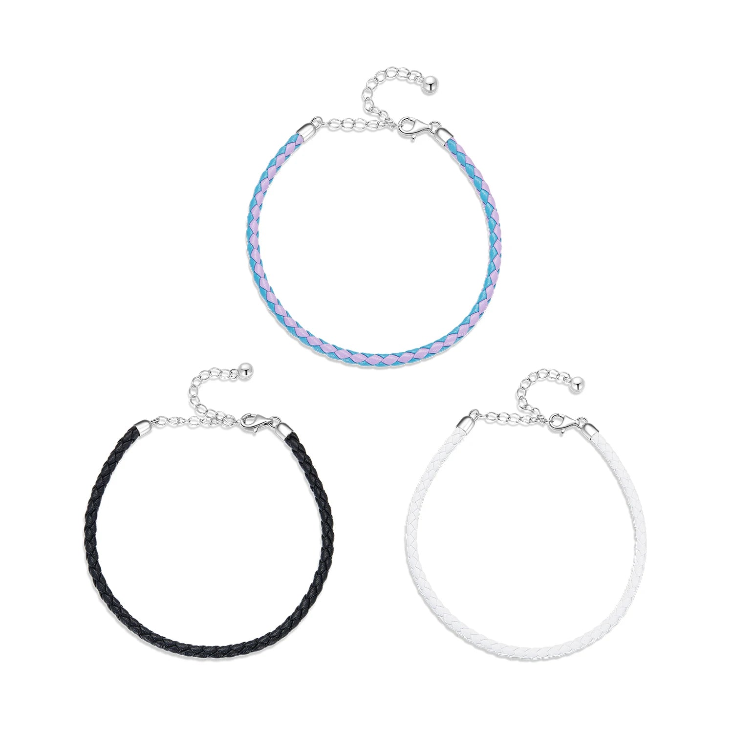 Adjustable Simple Leather Bracelet for Women 925 Sterling Silver Fine Jewelry Minimalist Blue & Pink Rope Bracelet Gift SCB243