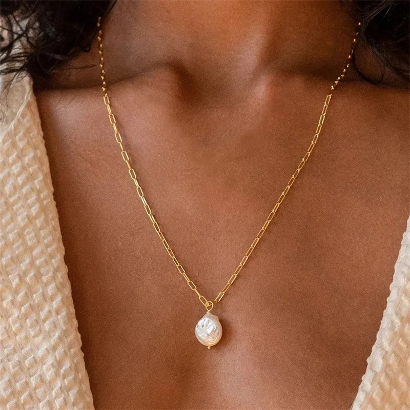 New Casual Real Fresh Water Pearl Necklace  Stainless Steel Chain Baroque Freshwater Pearl  Pendant Necklace