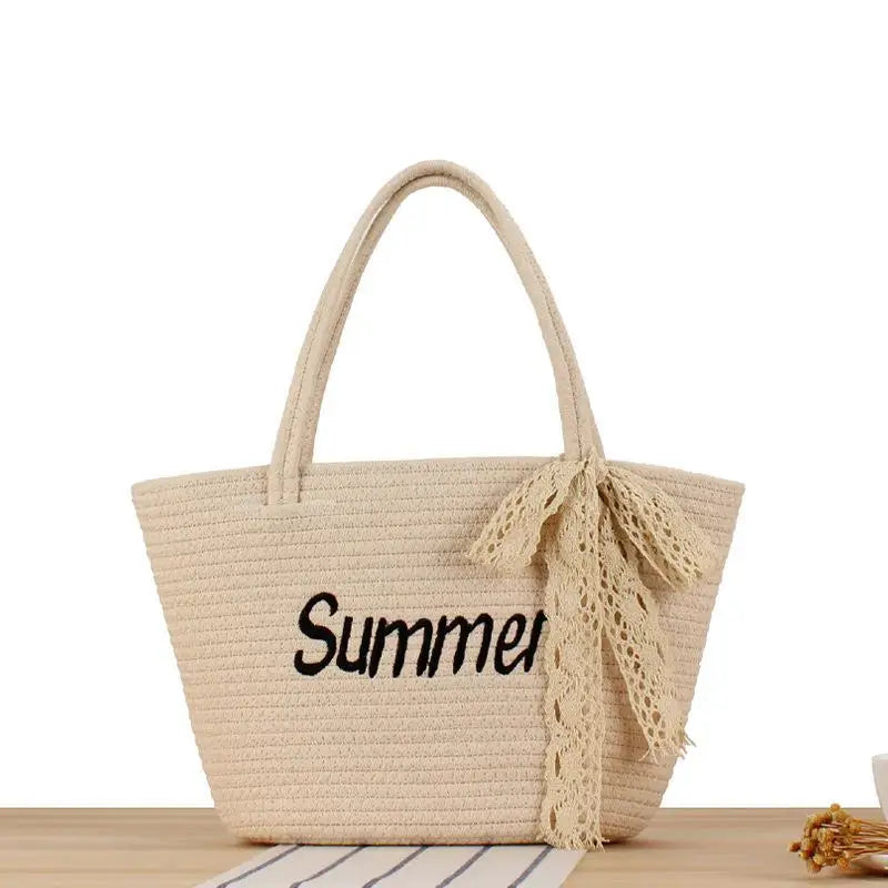 2026 Summer Fashionable Cotton Rope Women's Tote Bag Double Handle Beach Shoulder Bag with Open Closure Portable and Stylish