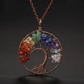 7 Chakra Jewelry Rainbow Natural Stone Beads Wrap Wisdom Tree of Life Antique Copper Plated Round Pendant Necklace