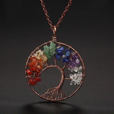7 Chakra Jewelry Rainbow Natural Stone Beads Wrap Wisdom Tree of Life Antique Copper Plated Round Pendant Necklace