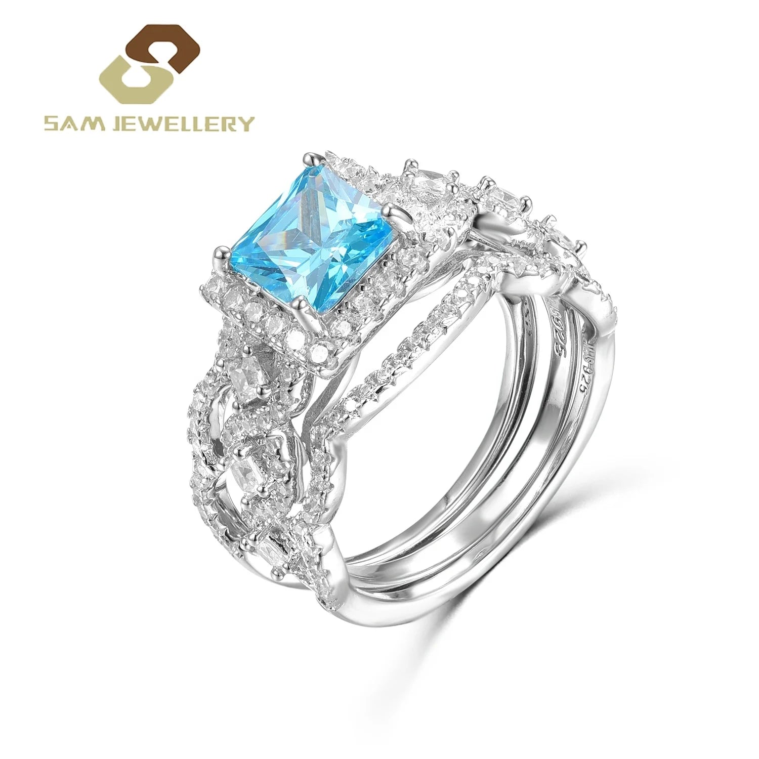 Fashion Jewelry Trendy Women's 925 Silver Princess Square Cut Gemstone Set Blue Zircon Hollow Design for Wedding Party