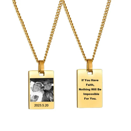 Custom Stainless Steel Laser Photo Engraving Jewelry Pendant Necklace 18 K Gold Plated Engraved Letter Photo Necklace Jewelry