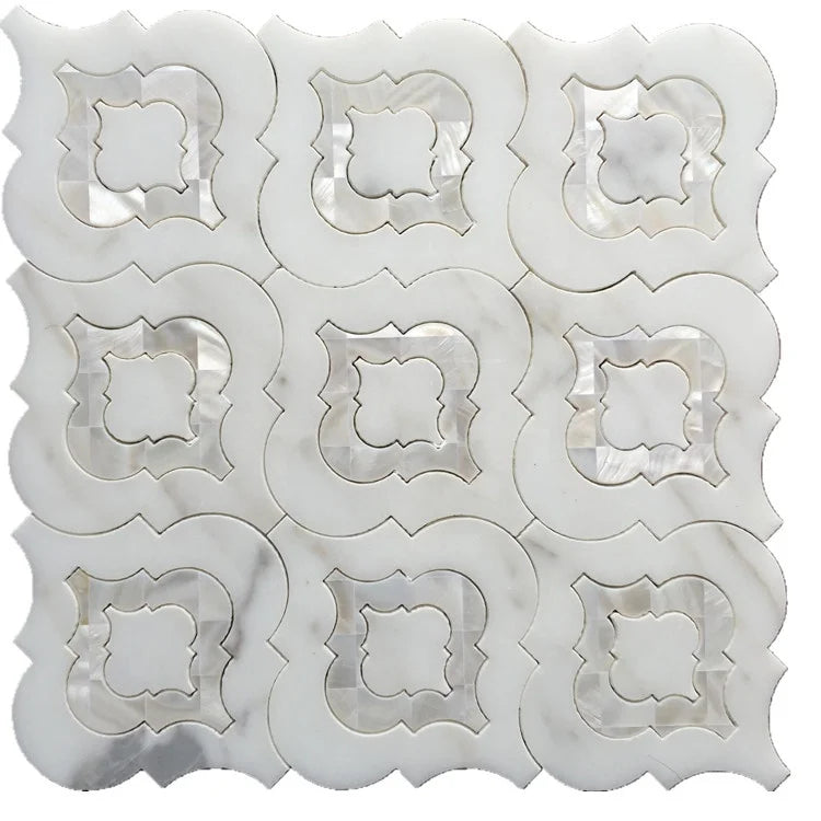 DTH Modern Style Calacatta Mix Mother Pearl Shell Water Jet Pattern Marble Mosaic 10mm Thick Top Grade Customized Interior Wall
