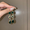 Wholesale Retro Korean Banquet Luxury Emerald Square Water Drop Rhinestone Flower Long Tassel Women Earrings
