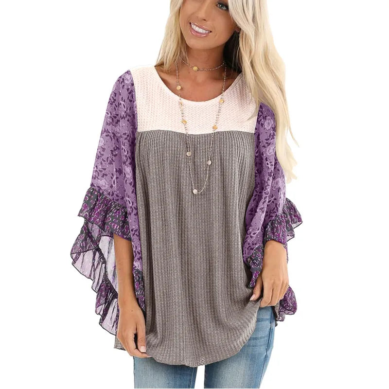 5% Spandex Batwing Sleeve Printed Colour Block Waffle Top